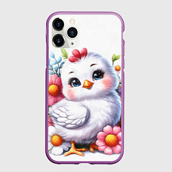 Чехол iPhone 11 Pro матовый Мультяшная курица с цветами акварелью, цвет: 3D-фиолетовый