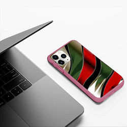 Чехол iPhone 11 Pro матовый Белые зеленые и красные полосы, цвет: 3D-малиновый — фото 2