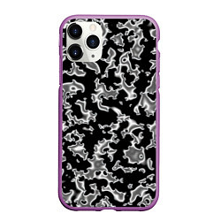Чехол iPhone 11 Pro матовый Капли жидкого металла - камуфляж на чёрном, цвет: 3D-фиолетовый
