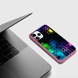 Чехол iPhone 11 Pro матовый Разноцветные прямоугольники на чёрном фоне, цвет: 3D-малиновый — фото 2