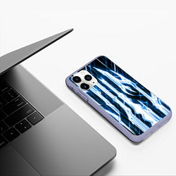 Чехол iPhone 11 Pro матовый Синие неоновые полосы на чёрном фоне, цвет: 3D-светло-сиреневый — фото 2