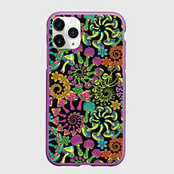 Чехол iPhone 11 Pro матовый Магические красочные грибы с ромашками, цвет: 3D-фиолетовый