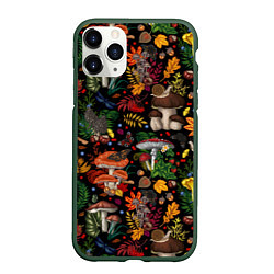 Чехол iPhone 11 Pro матовый Фон с лесными грибами, цвет: 3D-темно-зеленый