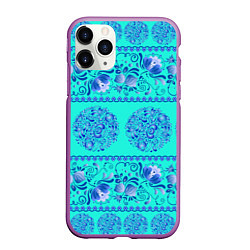 Чехол iPhone 11 Pro матовый Гжель на бирюзовом фоне, цвет: 3D-фиолетовый