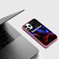 Чехол iPhone 11 Pro матовый Palworld логотип на черном и фиолетовом абстракте, цвет: 3D-малиновый — фото 2
