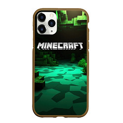 Чехол iPhone 11 Pro матовый Minecraft logo зеленый яркий мир, цвет: 3D-коричневый