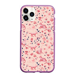 Чехол iPhone 11 Pro матовый Розовый паттерн с цветами и котиками, цвет: 3D-фиолетовый