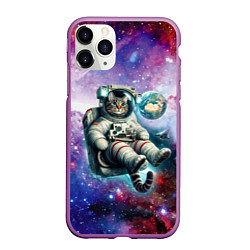 Чехол iPhone 11 Pro матовый Brave cat in space - ai art, цвет: 3D-фиолетовый