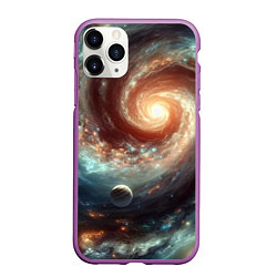 Чехол iPhone 11 Pro матовый Далёкая неоновая галактика - нейросеть, цвет: 3D-фиолетовый