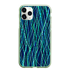 Чехол iPhone 11 Pro матовый Тёмно-синий абстрактный неоновые линии, цвет: 3D-салатовый