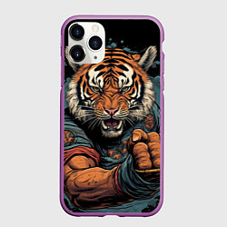 Чехол iPhone 11 Pro матовый Тигр в стойке тайский бокс, цвет: 3D-фиолетовый