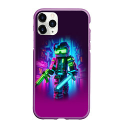 Чехол iPhone 11 Pro матовый Cyberpunk and Minecraft - collaboration ai art, цвет: 3D-фиолетовый