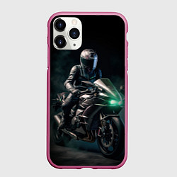 Чехол iPhone 11 Pro матовый Мотоциклист ночью, цвет: 3D-малиновый