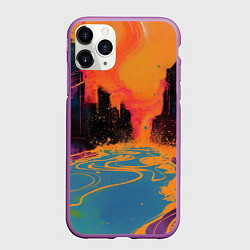 Чехол iPhone 11 Pro матовый Абстрактная городская улица со зданиями и река, цвет: 3D-фиолетовый