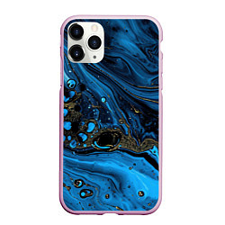 Чехол iPhone 11 Pro матовый Черные и синие сияющие волны, цвет: 3D-розовый