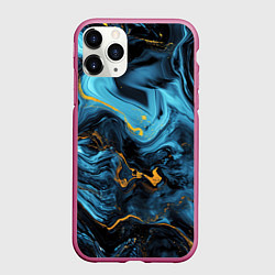Чехол iPhone 11 Pro матовый Синяя абстракция с золотым напылением, цвет: 3D-малиновый