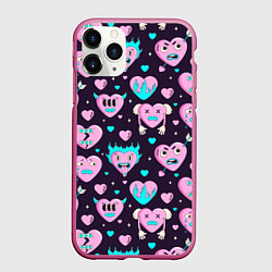 Чехол iPhone 11 Pro матовый Паттерн с арт сердцами, цвет: 3D-малиновый