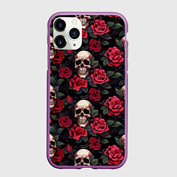Чехол iPhone 11 Pro матовый Черепа и алые розы, цвет: 3D-фиолетовый