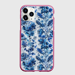 Чехол iPhone 11 Pro матовый Цветочный сине-голубой узор, цвет: 3D-малиновый