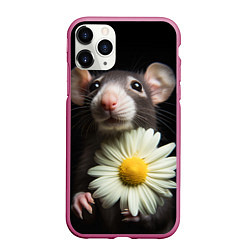 Чехол iPhone 11 Pro матовый Крыс и ромашка, цвет: 3D-малиновый