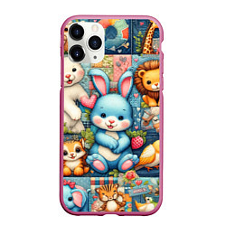 Чехол iPhone 11 Pro матовый Funny hare and his friends - patchwork, цвет: 3D-малиновый