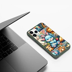 Чехол iPhone 11 Pro матовый Funny hare and his friends - patchwork, цвет: 3D-темно-зеленый — фото 2