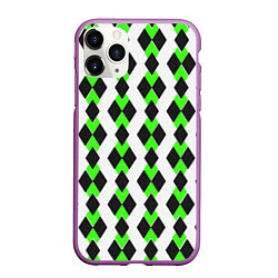 Чехол iPhone 11 Pro матовый Чёрные и зелёные ромбы на белом фоне, цвет: 3D-фиолетовый