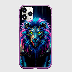 Чехол iPhone 11 Pro матовый Неоновый лев в стиле киберпанк, цвет: 3D-фиолетовый