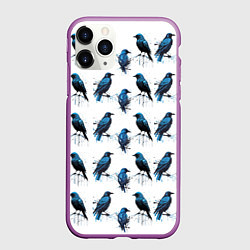 Чехол iPhone 11 Pro матовый Чёрно-синие вороны и капли краски, цвет: 3D-фиолетовый