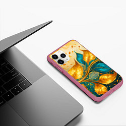 Чехол iPhone 11 Pro матовый Листья абстрактные золото и бирюза, цвет: 3D-малиновый — фото 2