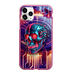 Чехол iPhone 11 Pro матовый Cyber art skull - steel metal, цвет: 3D-малиновый