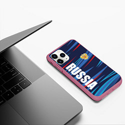Чехол iPhone 11 Pro матовый Россия - blue stripes, цвет: 3D-малиновый — фото 2