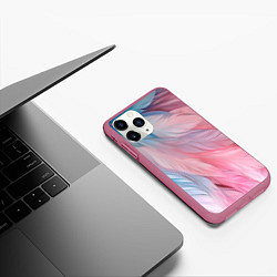 Чехол iPhone 11 Pro матовый Пастельно-голубые и розовые перья, цвет: 3D-малиновый — фото 2