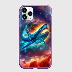 Чехол iPhone 11 Pro матовый Космическая неоновая акула - нейросеть, цвет: 3D-фиолетовый