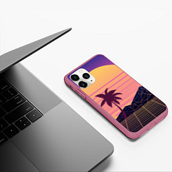 Чехол iPhone 11 Pro матовый Vaporwave геометрические горы и силуэты пальм, цвет: 3D-малиновый — фото 2