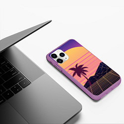 Чехол iPhone 11 Pro матовый Vaporwave геометрические горы и силуэты пальм, цвет: 3D-фиолетовый — фото 2