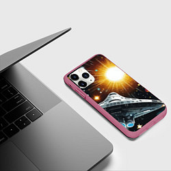 Чехол iPhone 11 Pro матовый Космолёт в неоновом космосе - нейросеть, цвет: 3D-малиновый — фото 2