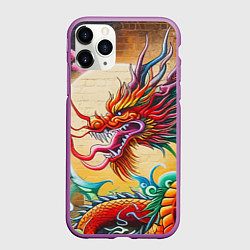 Чехол iPhone 11 Pro матовый Дракон на фоне солнца и сакуры - граффити, цвет: 3D-фиолетовый