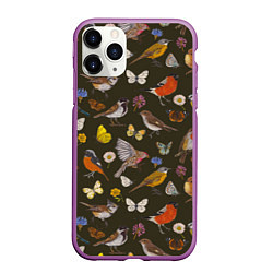 Чехол iPhone 11 Pro матовый Птицы и бабочки с цветами паттерн, цвет: 3D-фиолетовый