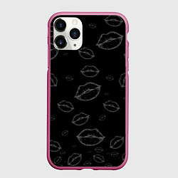 Чехол iPhone 11 Pro матовый Паттерн серый контур губ на чёрном - lips black, цвет: 3D-малиновый