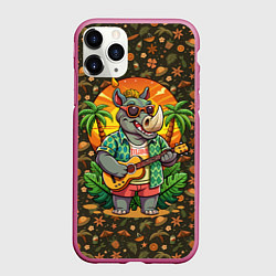 Чехол iPhone 11 Pro матовый Носорог играет на гитаре жарким летом, цвет: 3D-малиновый