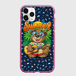 Чехол iPhone 11 Pro матовый Мишка играет на гитаре жарким летом, цвет: 3D-малиновый