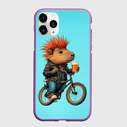 Чехол iPhone 11 Pro матовый Капибара байкер с ирокезом и пивом, цвет: 3D-фиолетовый