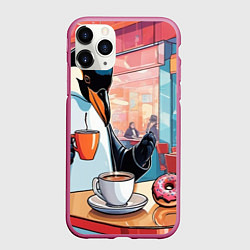 Чехол iPhone 11 Pro матовый Пингвин угощает в кафе, цвет: 3D-малиновый
