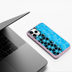 Чехол iPhone 11 Pro матовый Техно-киберпанк шестиугольники голубой и чёрный, цвет: 3D-розовый — фото 2