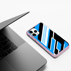 Чехол iPhone 11 Pro матовый Бело-синие полосы на чёрном фоне, цвет: 3D-розовый — фото 2