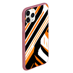 Чехол iPhone 11 Pro матовый Чёрно-оранжевые полосы на белом фоне, цвет: 3D-малиновый — фото 2