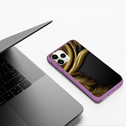 Чехол iPhone 11 Pro матовый Золотые объемные листья на черном, цвет: 3D-фиолетовый — фото 2