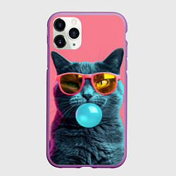 Чехол iPhone 11 Pro матовый Кот надувает жвачку, цвет: 3D-фиолетовый