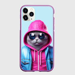 Чехол iPhone 11 Pro матовый Кот в капюшоне и очках, цвет: 3D-фиолетовый